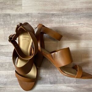 INC tobacco colored sandals with Gave heels. Ankle strap. Back zipper.